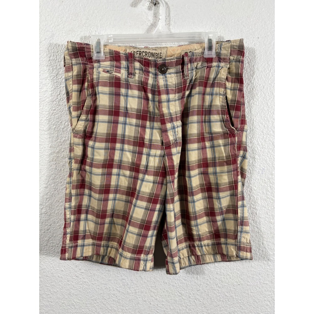 Abercrombie & Fitch Y2K Mens Plaid Shorts Red Beige Size 30 Distressed Casual